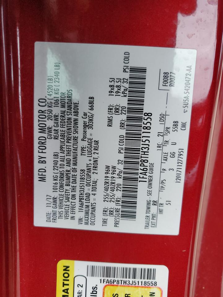 2018 Ford Mustang VIN 1FA6P8TH3J5118558 Copart auction photo, side damage thumbnail 12