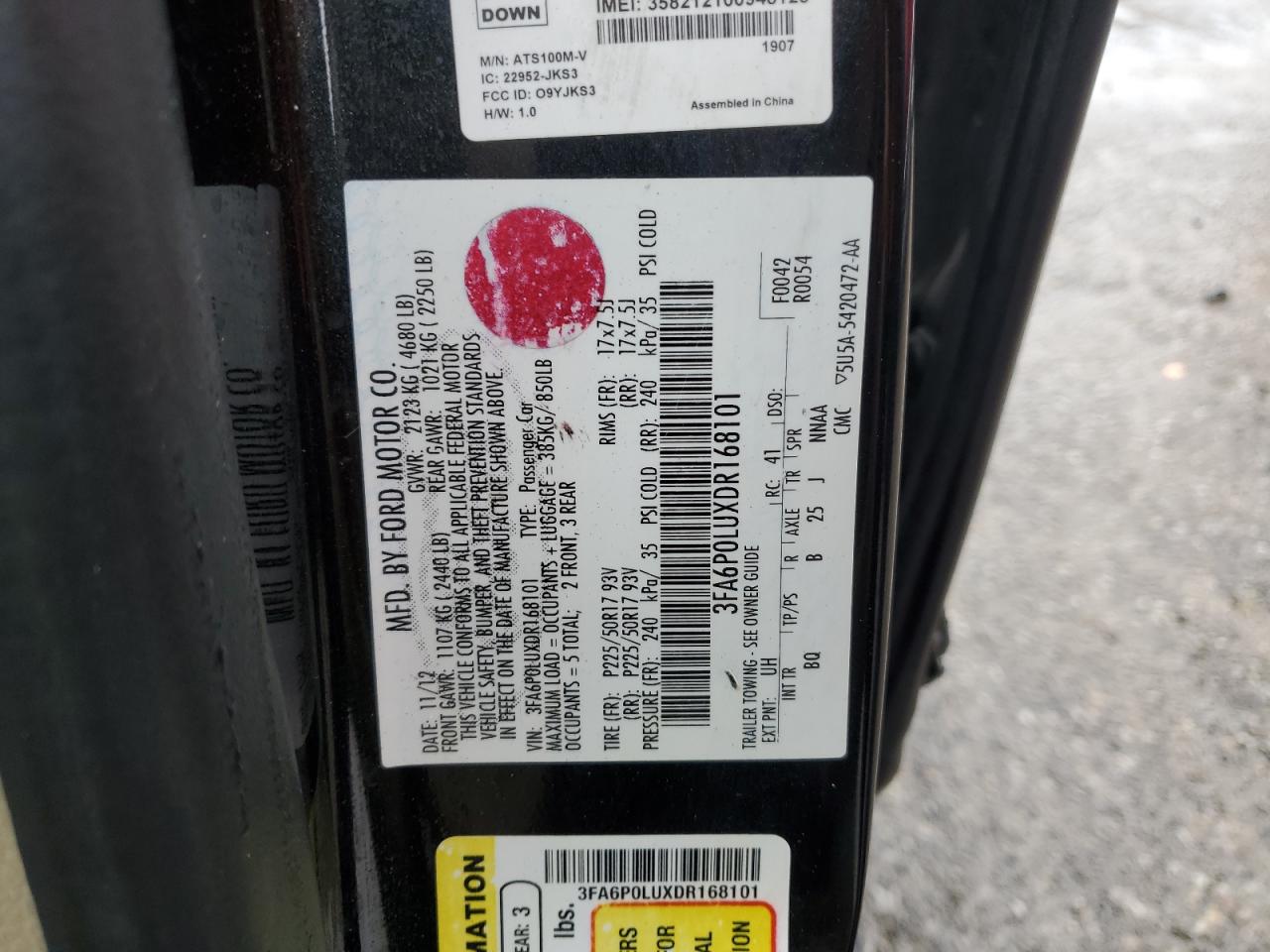 2013 Ford Fusion VIN 3FA6P0LUXDR168101 Copart auction photo, side / minor dent/scratches damage thumbnail 14