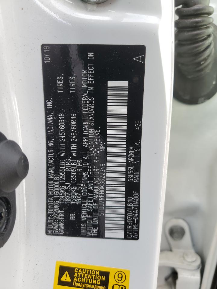 2019 Toyota Highlander VIN 5TDJZRFH0KS622349 Copart auction photo, front end / rear end damage thumbnail 14