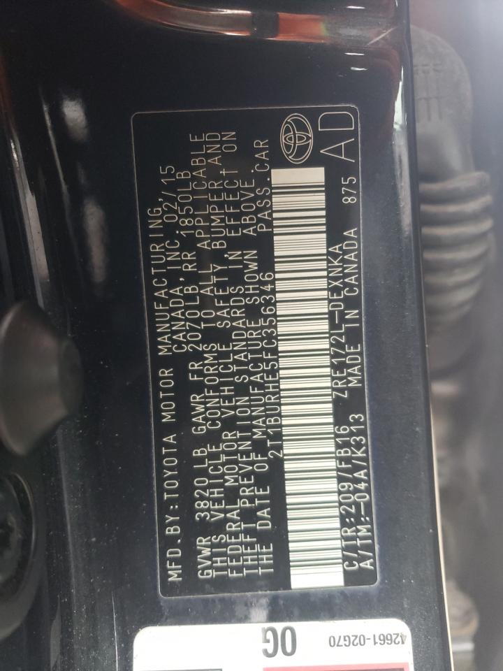 2015 Toyota Corolla VIN 2T1BURHE5FC356346 Copart auction photo, front end / minor dent/scratches damage thumbnail 12