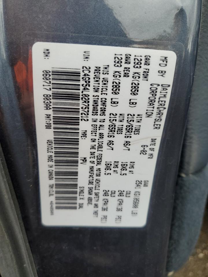 2002 Chrysler Town & Country VIN 2C4GP54L02R757212 Copart auction photo, minor dent/scratches damage thumbnail 13