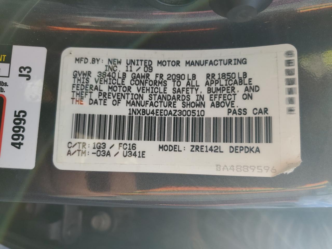2010 Toyota Corolla VIN 1NXBU4EE0AZ300510 Copart auction photo, rear end / hail damage thumbnail 12