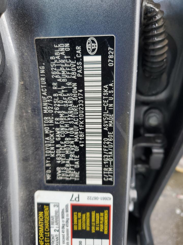 2013 Toyota Camry VIN 4T1BF1FK1DU233174 Copart auction photo, rear end / front end damage thumbnail 12
