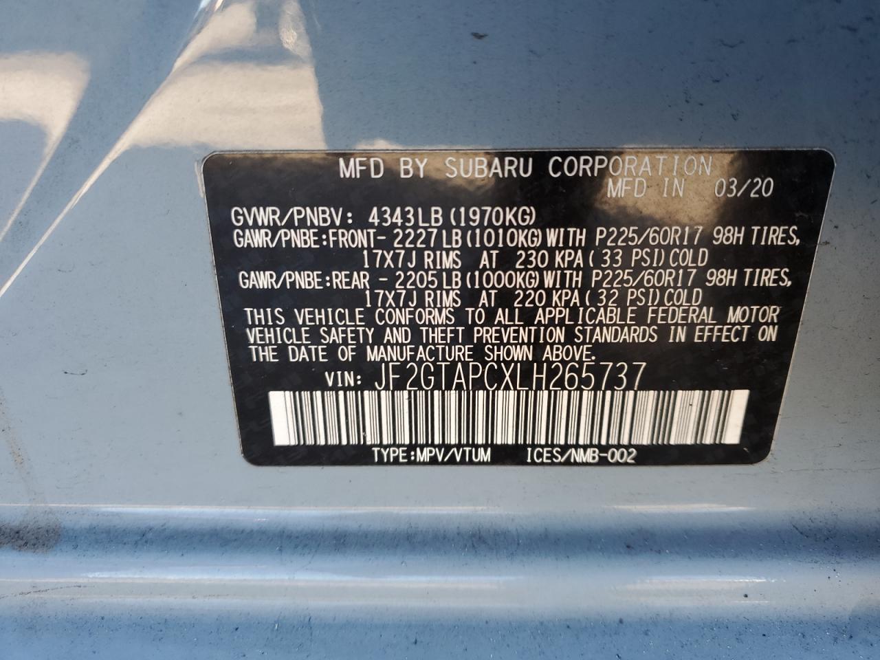 2020 Subaru XV VIN JF2GTAPCXLH265737 Copart auction photo, front end damage thumbnail 13