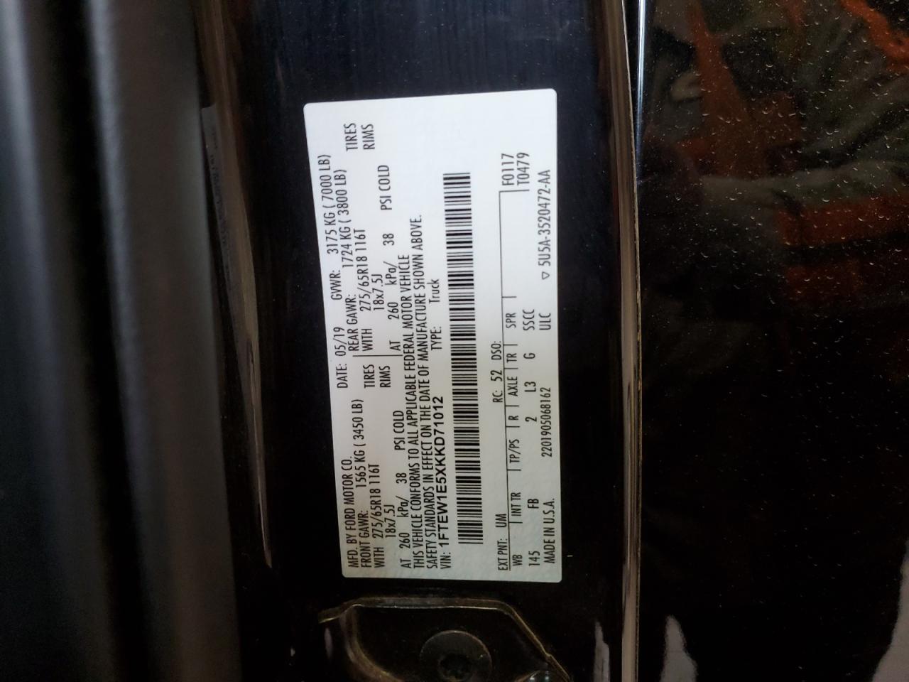 2019 Ford F-150 VIN 1FTEW1E5XKKD71012 Copart auction photo, rear end / frame damage damage thumbnail 12