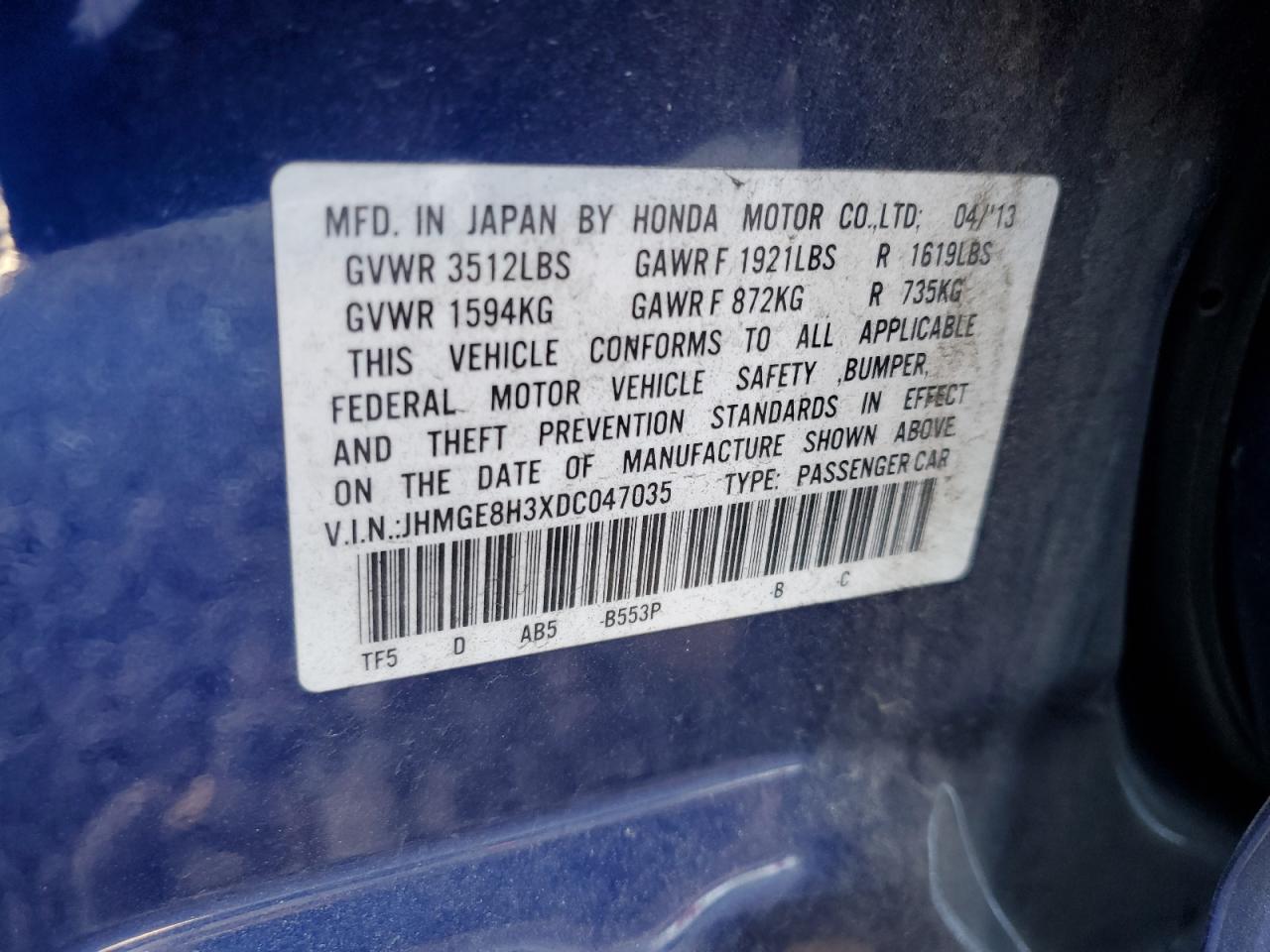 2013 Honda Fit VIN JHMGE8H3XDC047035 Copart auction photo, front end damage thumbnail 12