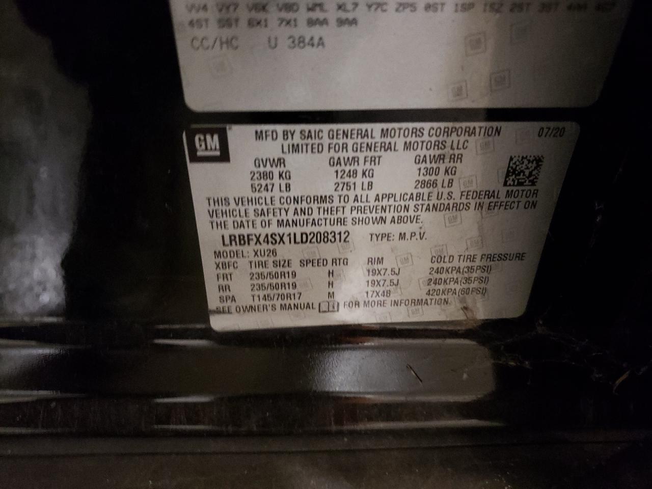 2020 Buick Envision VIN LRBFX4SX1LD208312 Copart auction photo, front end / side damage thumbnail 13