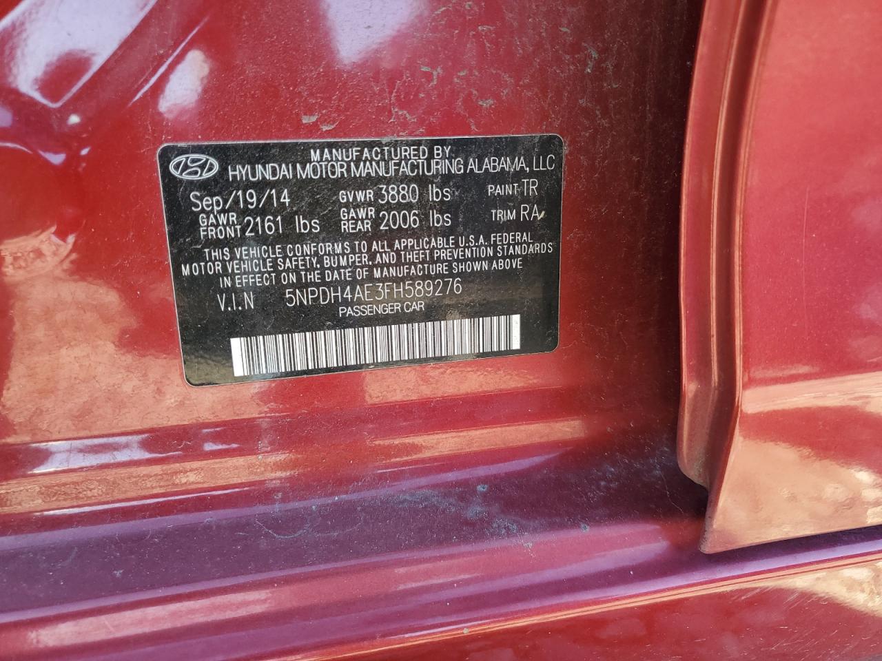 2015 Hyundai Elantra VIN 5NPDH4AE3FH589276 Copart auction photo, front end damage thumbnail 12