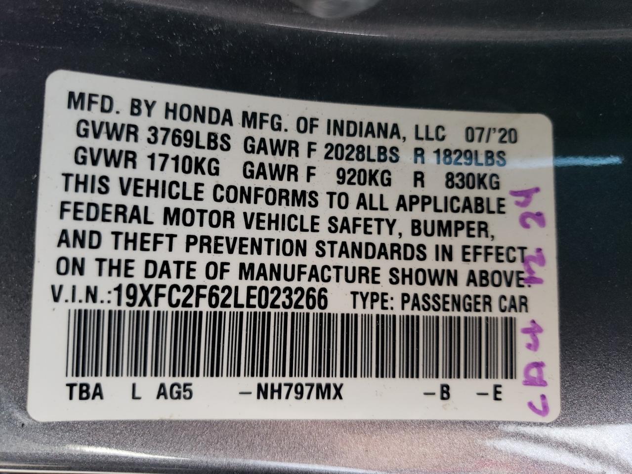 2020 Honda Civic VIN 19XFC2F62LE023266 Copart auction photo, front end / undercarriage damage thumbnail 13