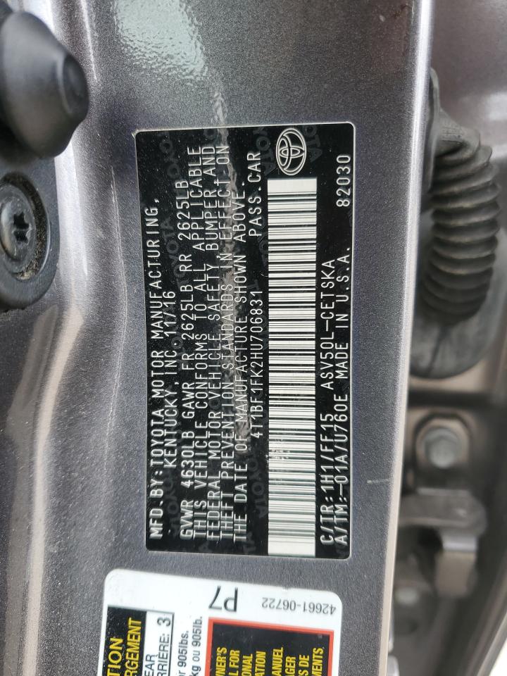 2017 Toyota Camry VIN 4T1BF1FK2HU706831 Copart auction photo, front end / rear end damage thumbnail 12