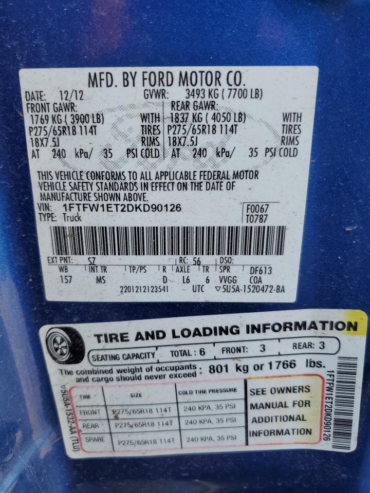 2013 Ford F-150 VIN 1FTFW1ET2DKD90126 Copart auction photo, minor dent/scratches damage thumbnail 12