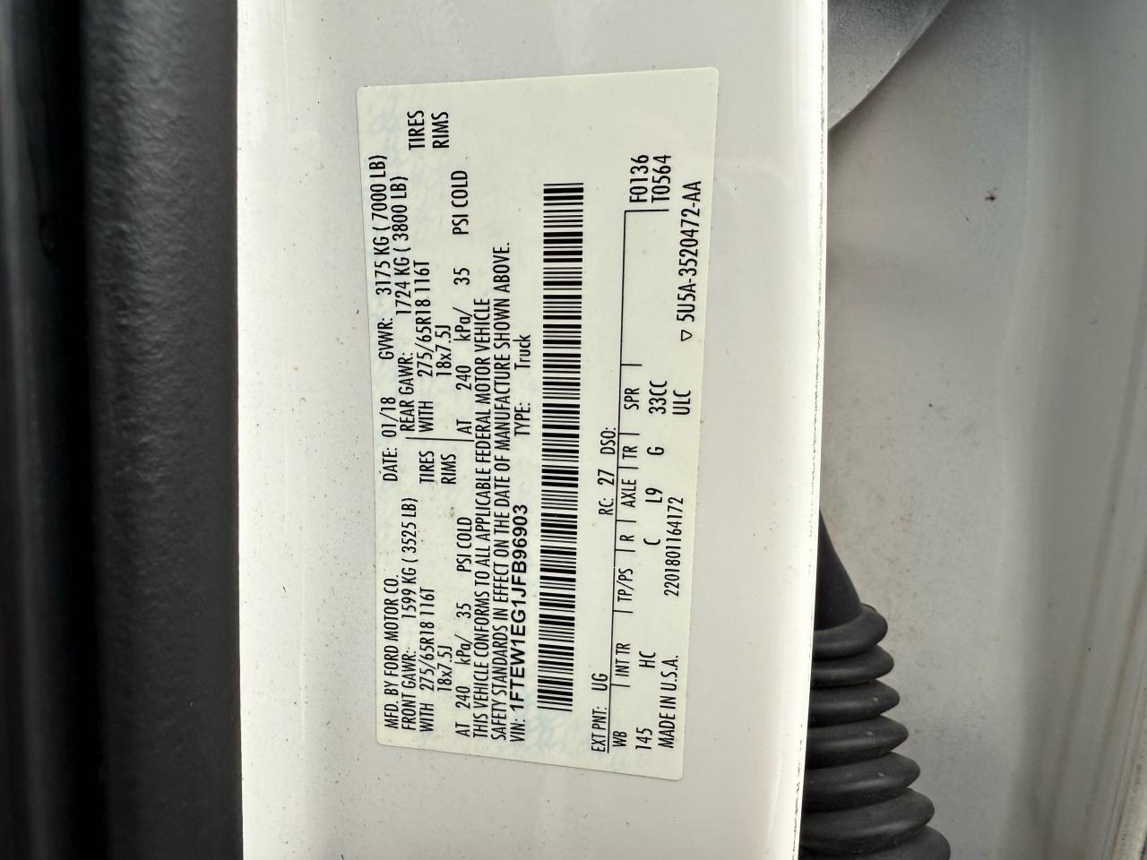 2018 Ford F-150 VIN 1FTEW1EG1JFB96903 Copart auction photo, normal wear / minor dent/scratches damage thumbnail 10
