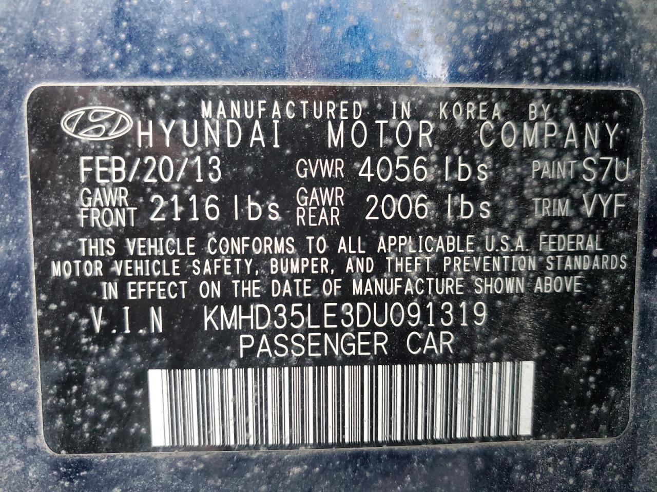 2013 Hyundai Elantra VIN KMHD35LE3DU091319 Copart auction photo, rear end damage thumbnail 12