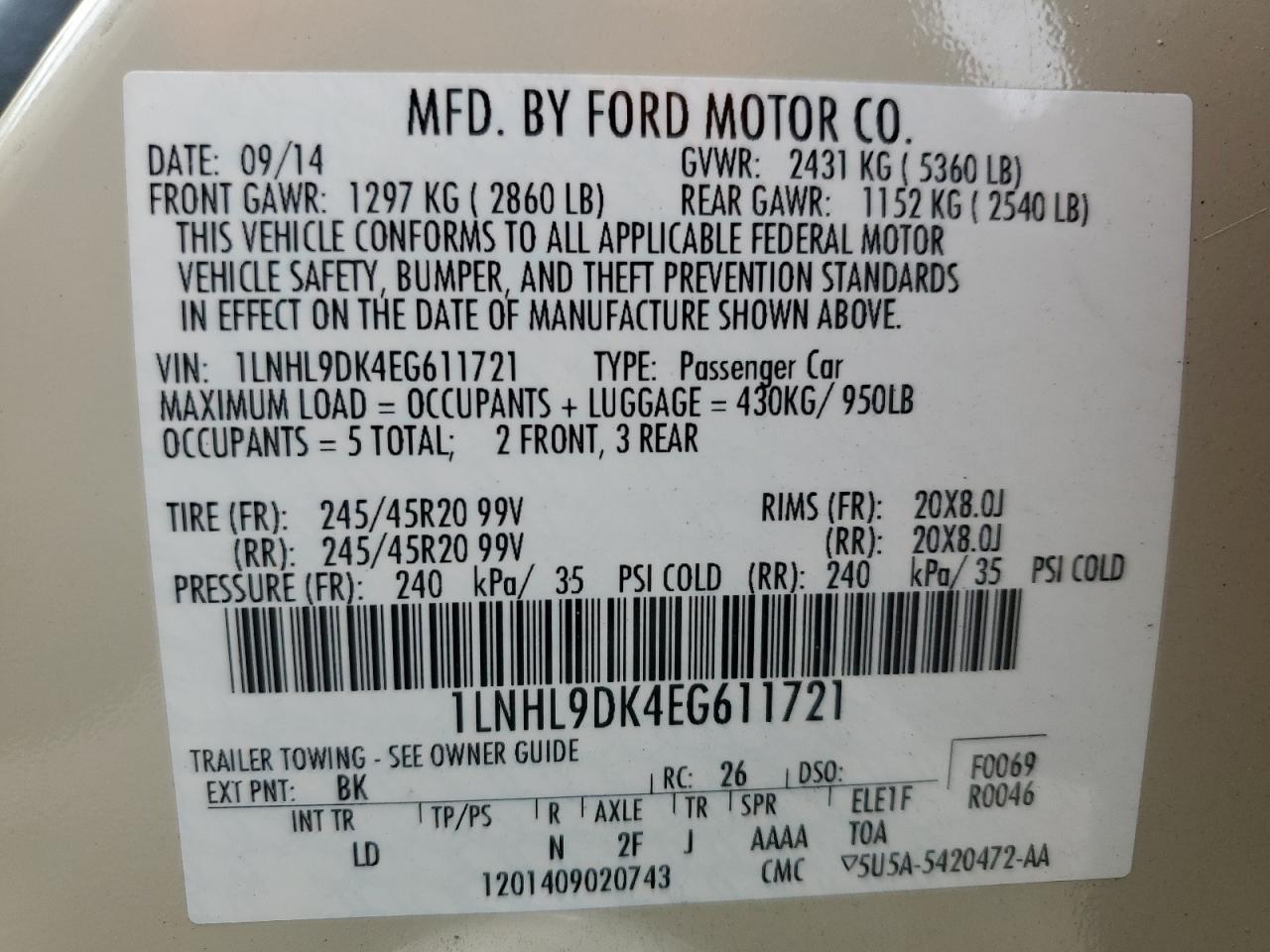 2014 Lincoln MKS VIN 1LNHL9DK4EG611721 Copart auction photo, mechanical / front end damage thumbnail 15