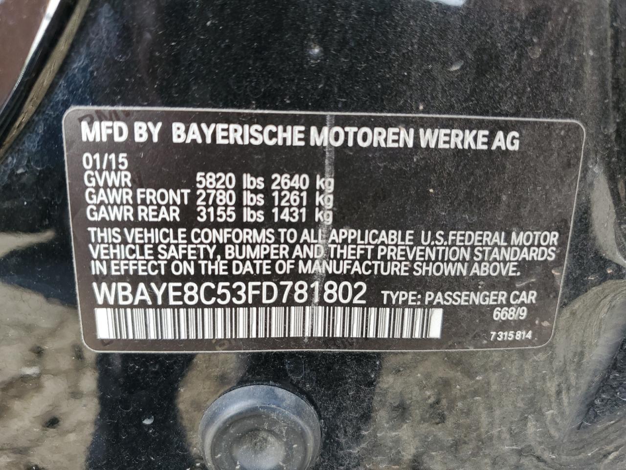 2015 BMW 7er VIN WBAYE8C53FD781802 Copart auction photo, all over / undercarriage damage thumbnail 12