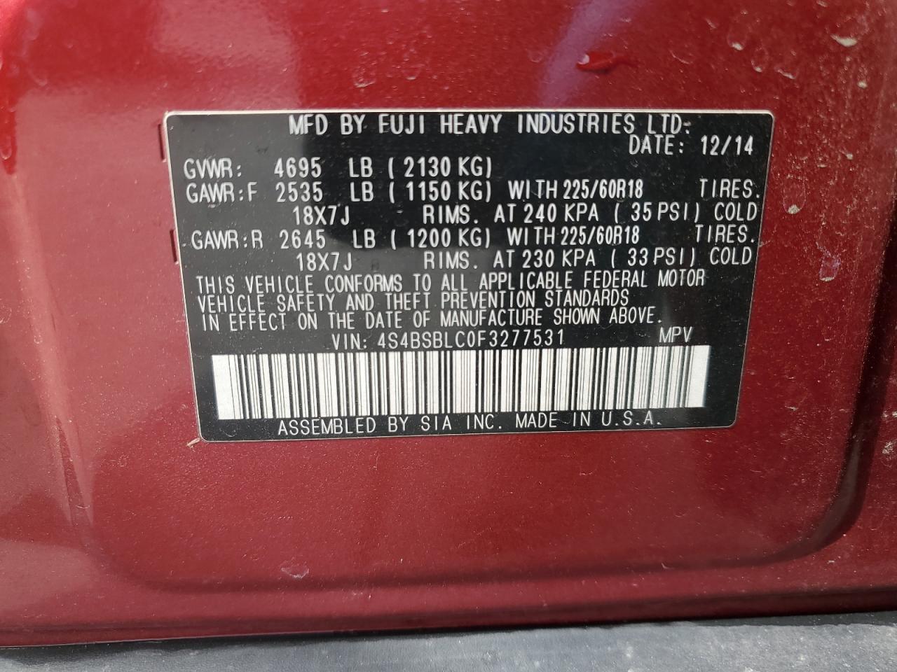 2015 Subaru Outback VIN 4S4BSBLC0F3277531 Copart auction photo, front end / hail damage thumbnail 14