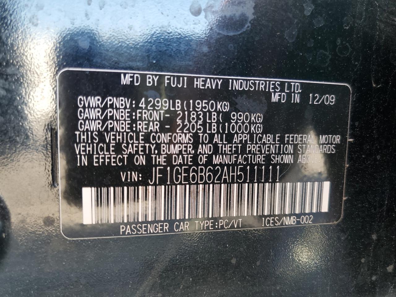 2010 Subaru Impreza VIN JF1GE6B62AH511111 Copart auction photo, minor dent/scratches damage thumbnail 12