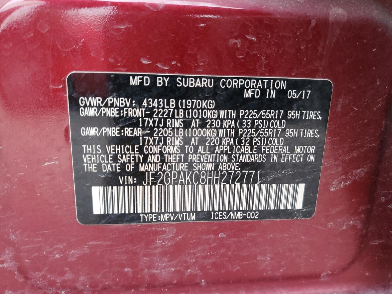 2017 Subaru XV VIN JF2GPAKC8HH272771 Copart auction photo, hail damage thumbnail 13