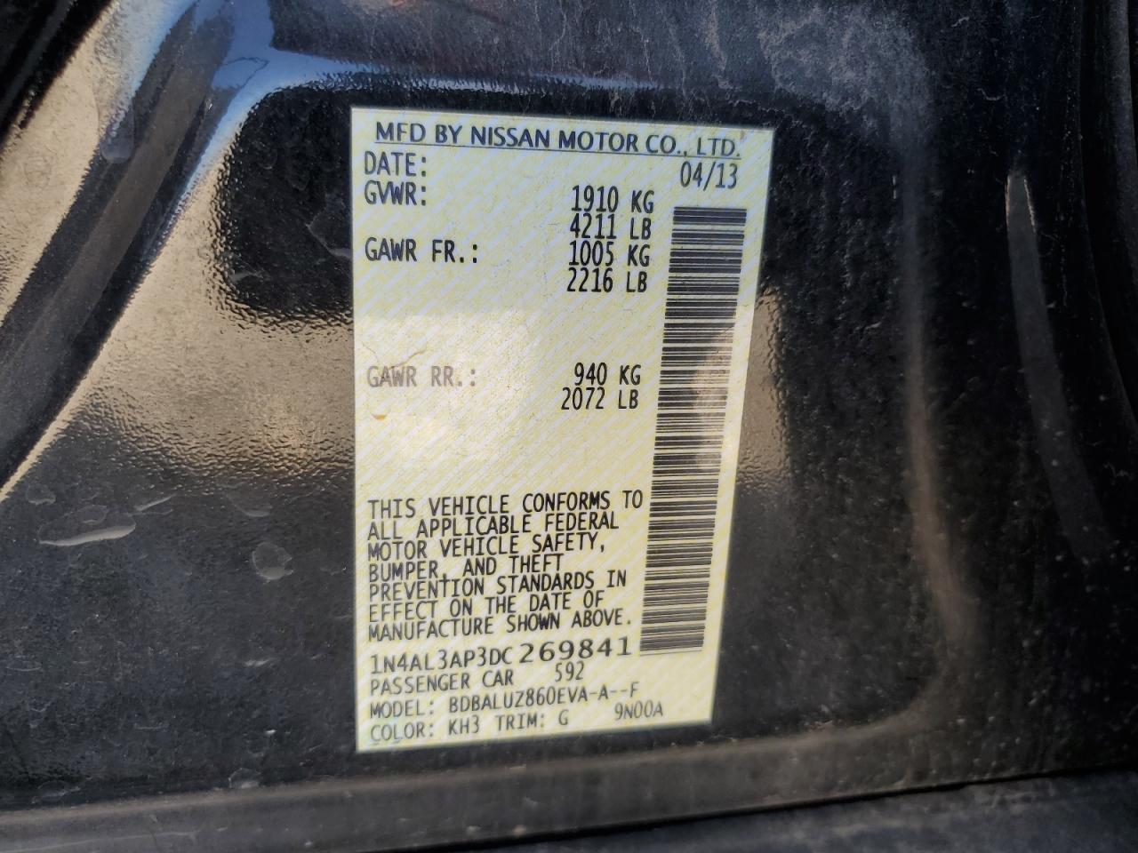 2013 Nissan Altima VIN 1N4AL3AP3DC269841 Copart auction photo, front end / mechanical damage thumbnail 15
