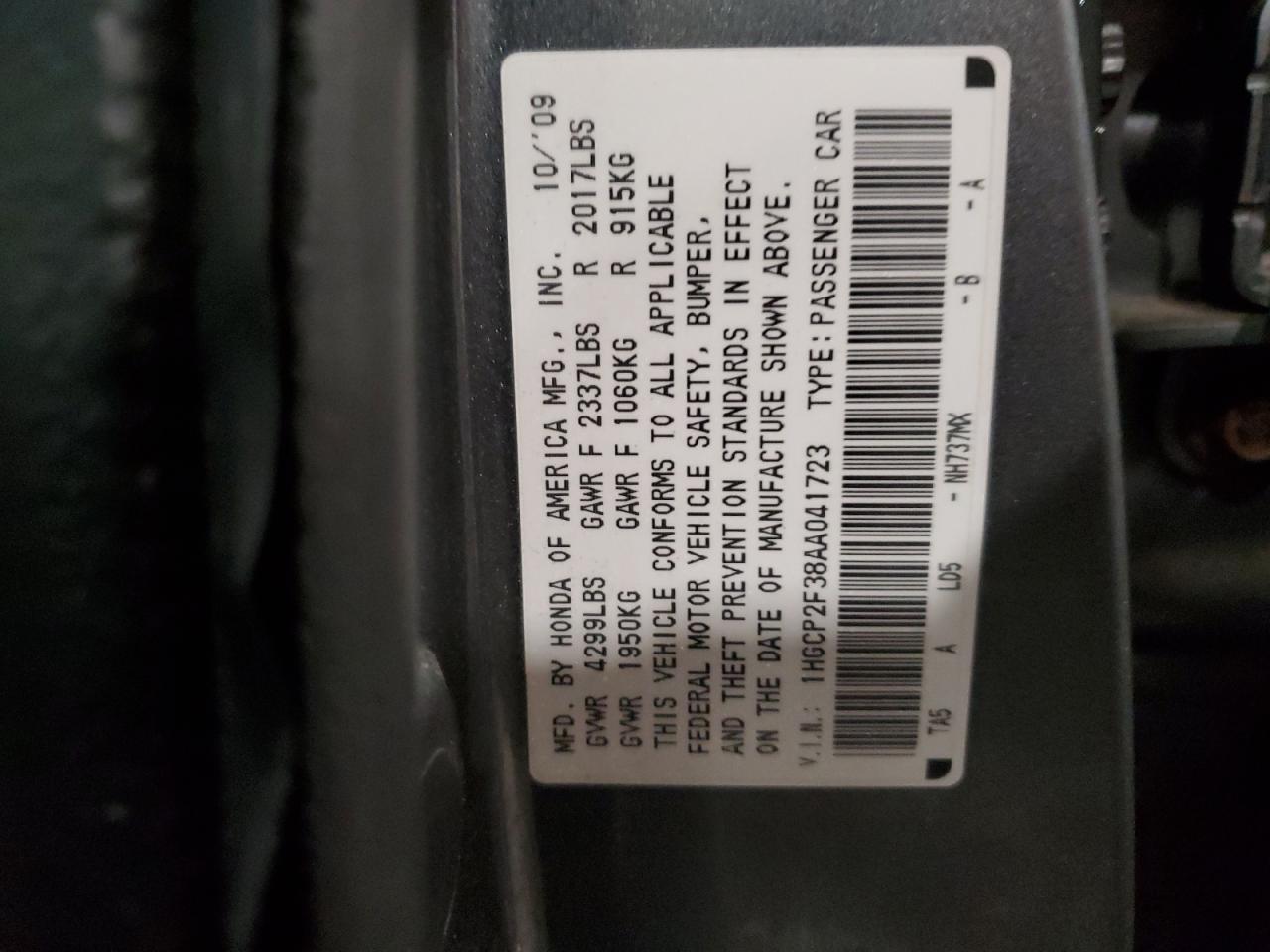 2010 Honda Accord VIN 1HGCP2F38AA041723 Copart auction photo, rear end / all over damage thumbnail 14