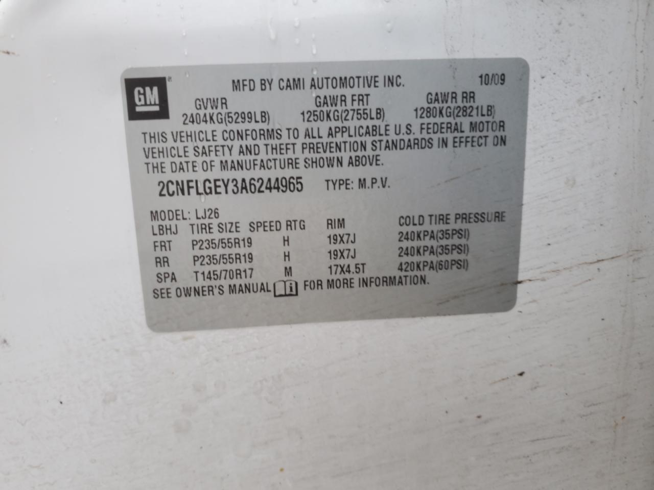 2010 Chevrolet Equinox VIN 2CNFLGEY3A6244965 Copart auction photo, front end damage thumbnail 14