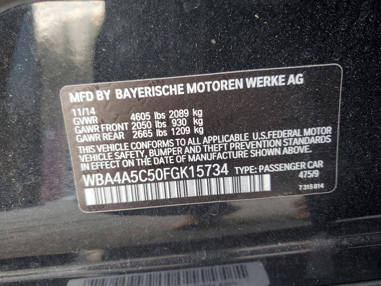 2015 BMW 4er VIN WBA4A5C50FGK15734 Copart auction photo, front end / minor dent/scratches damage thumbnail 12