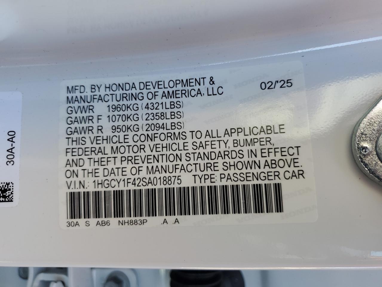 2025 Honda Accord VIN 1HGCY1F42SA018875 Copart auction photo, front end / side damage thumbnail 14