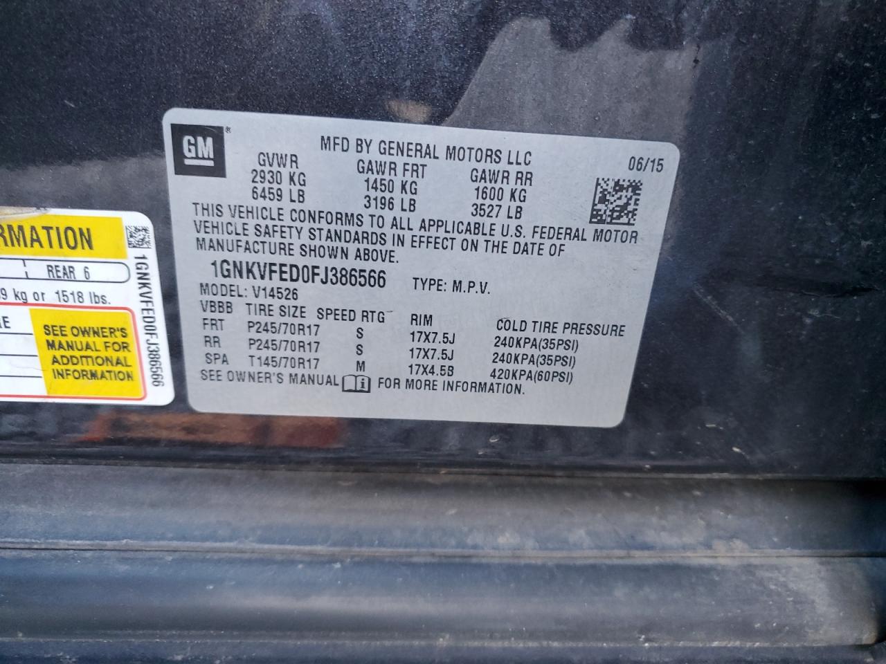 2015 Chevrolet Traverse VIN 1GNKVFED0FJ386566 Copart auction photo, all over damage thumbnail 12