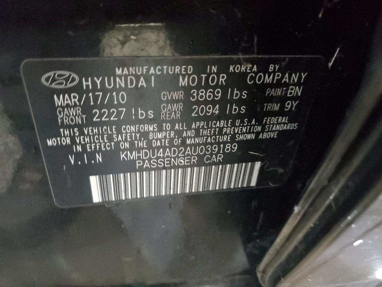 2010 Hyundai Elantra VIN KMHDU4AD2AU039189 Copart auction photo, rear end damage thumbnail 12