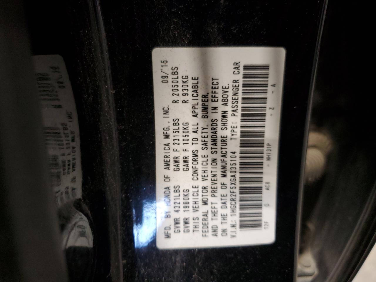 2016 Honda Accord VIN 1HGCR2F5XGA035104 Copart auction photo, front end damage thumbnail 15
