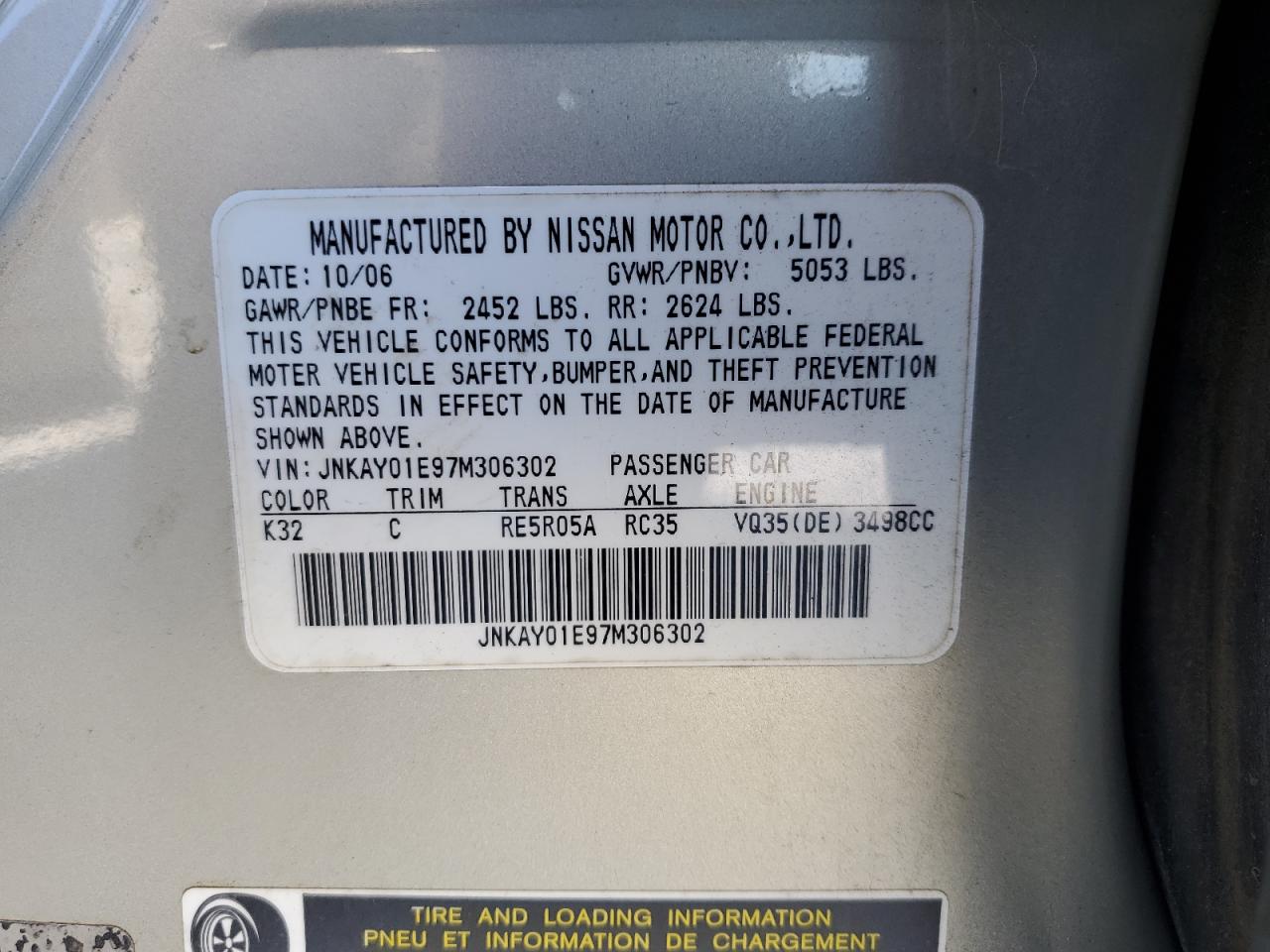 2007 Infiniti M VIN JNKAY01E97M306302 Copart auction photo, front end / side damage thumbnail 13