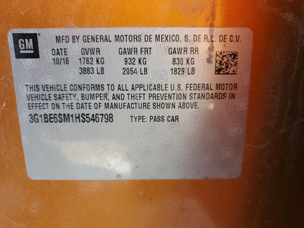 2017 Chevrolet Cruze VIN 3G1BE6SM1HS546798 Copart auction photo, front end damage thumbnail 12
