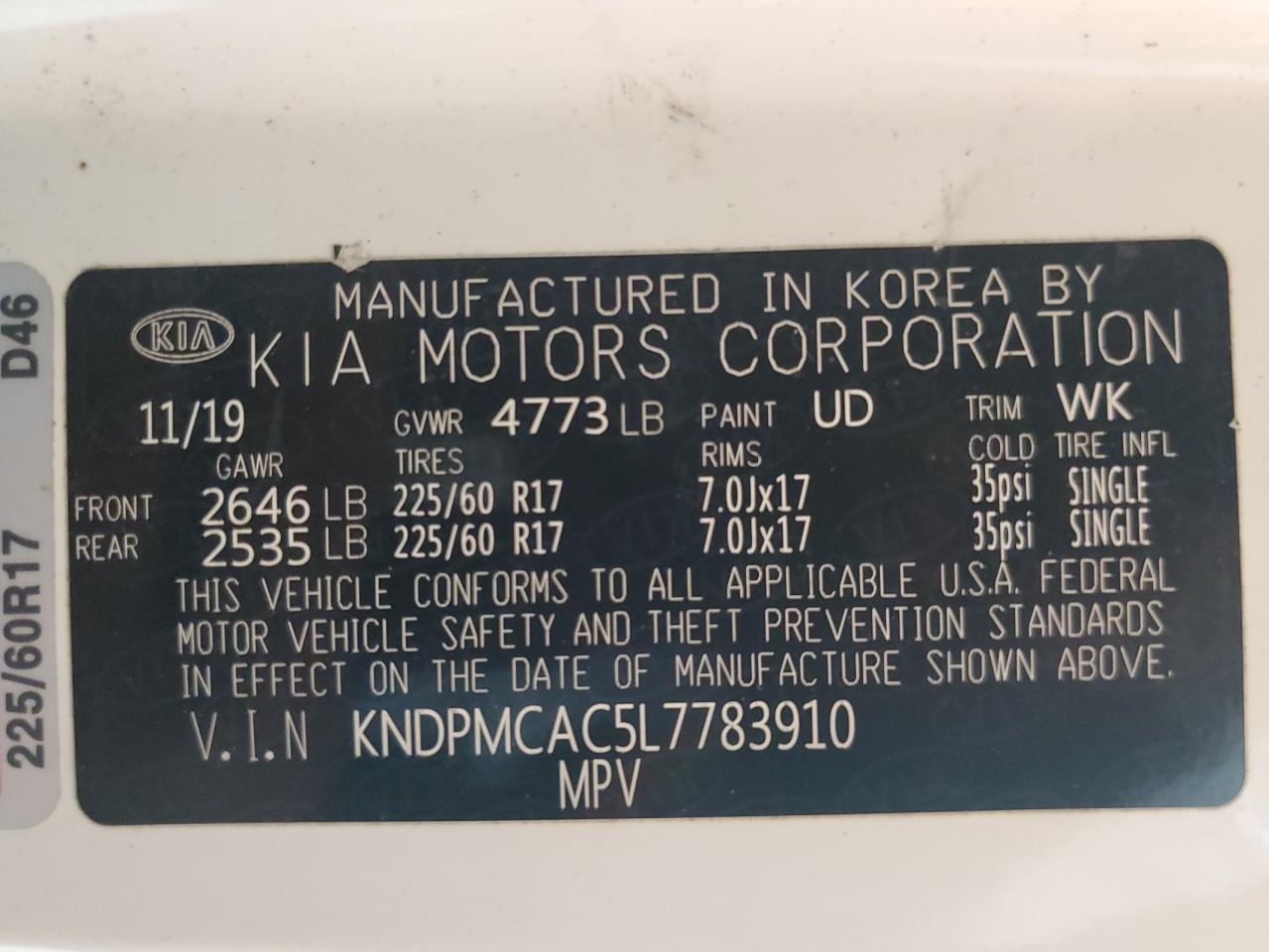 2020 KIA Sportage VIN KNDPMCAC5L7783910 Copart auction photo, mechanical damage thumbnail 13