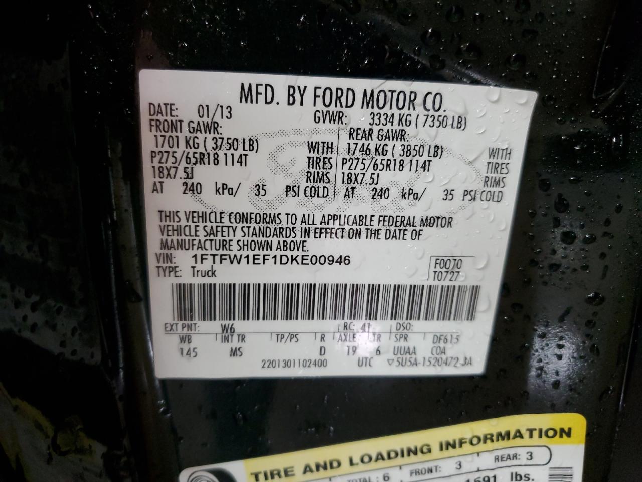 2013 Ford F-150 VIN 1FTFW1EF1DKE00946 Copart auction photo, front end / side damage thumbnail 12