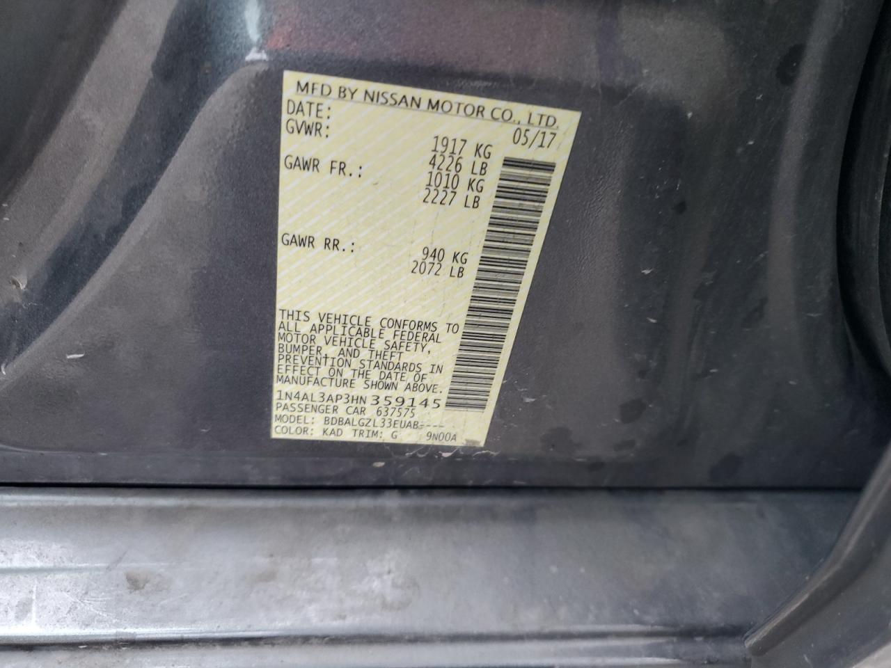 2017 Nissan Altima VIN 1N4AL3AP3HN359145 Copart auction photo, rear end / front end damage thumbnail 14
