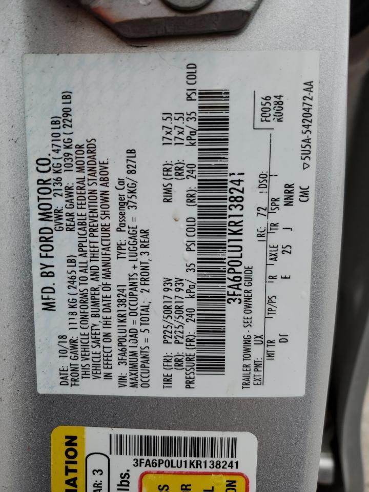 2019 Ford Fusion VIN 3FA6P0LU1KR138241 Copart auction photo, undercarriage / all over damage thumbnail 12