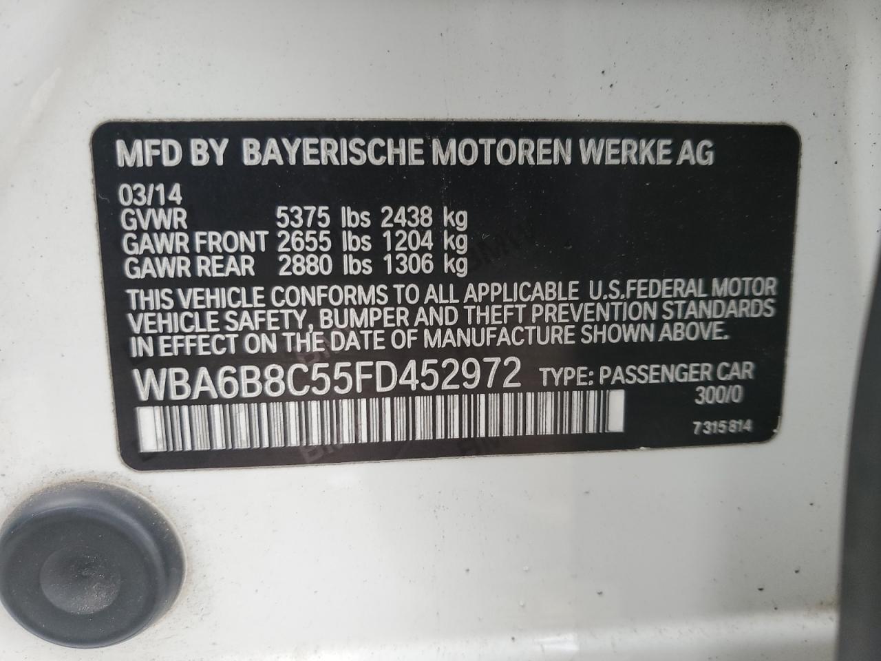 2015 BMW 6er VIN WBA6B8C55FD452972 Copart auction photo, front end / minor dent/scratches damage thumbnail 12