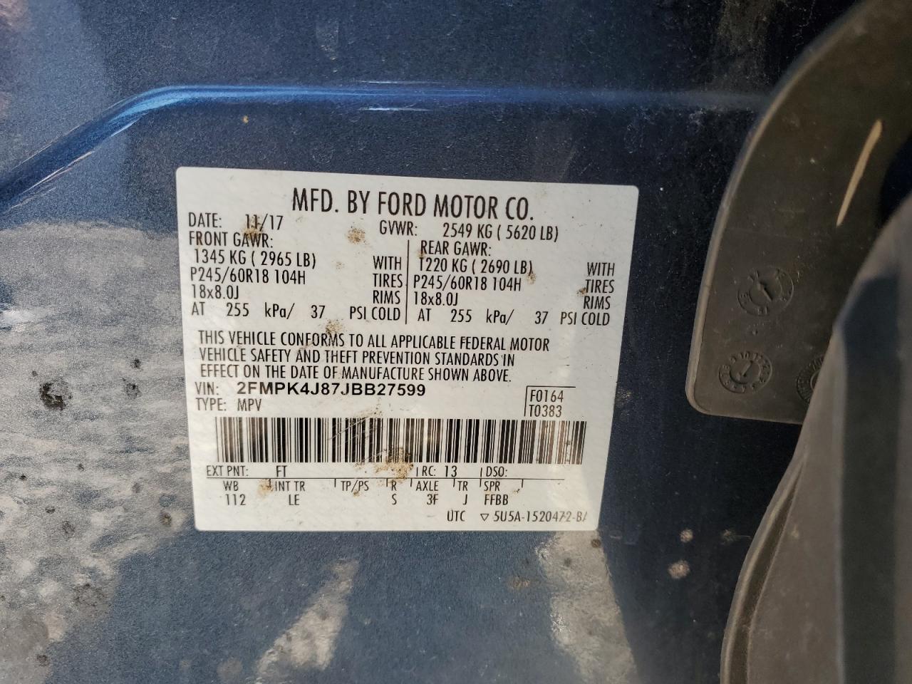 2018 Ford Edge VIN 2FMPK4J87JBB27599 Copart auction photo, side / rear end damage thumbnail 13