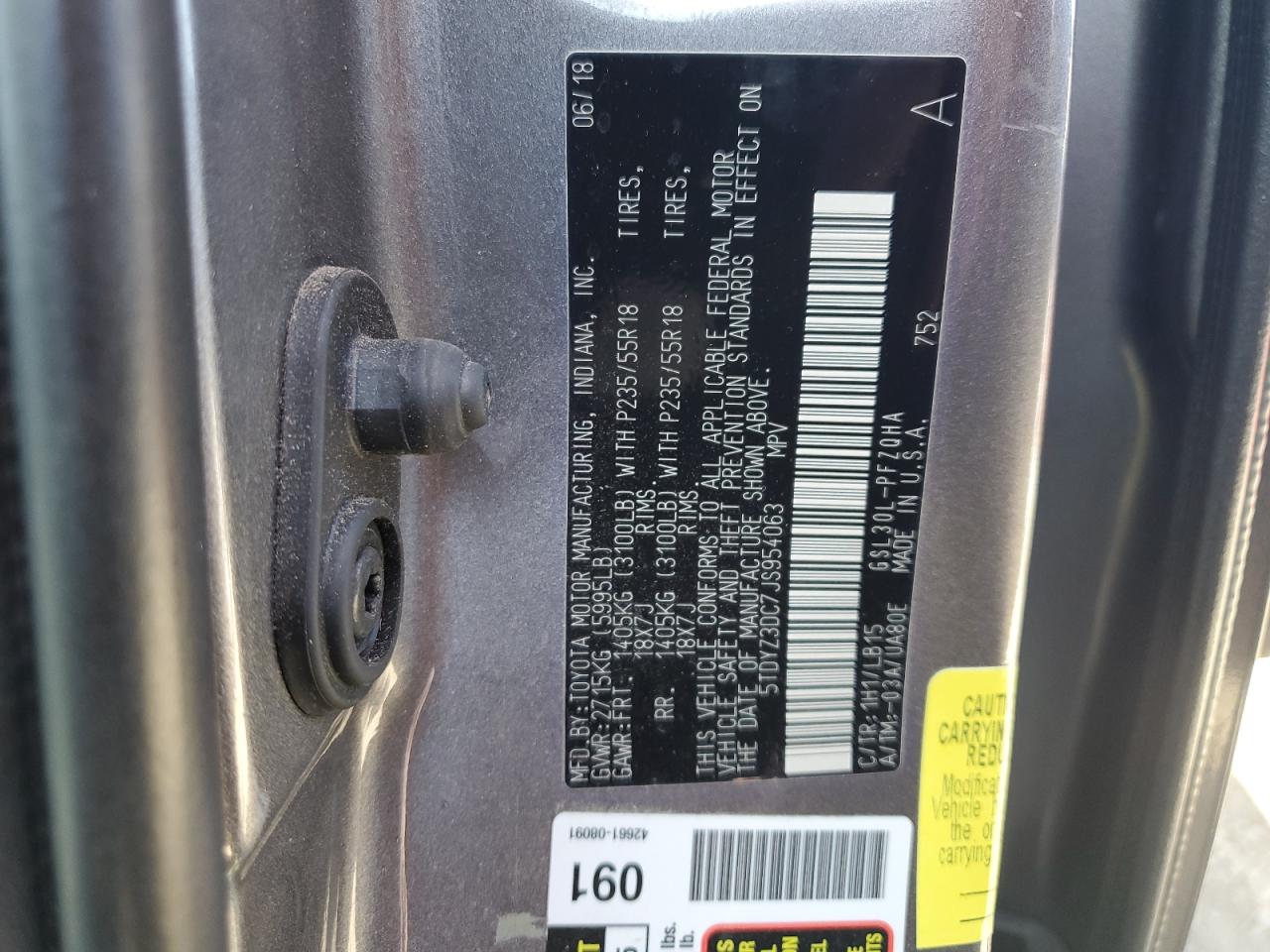 2018 Toyota Sienna VIN 5TDYZ3DC7JS954063 Copart auction photo, side damage thumbnail 14