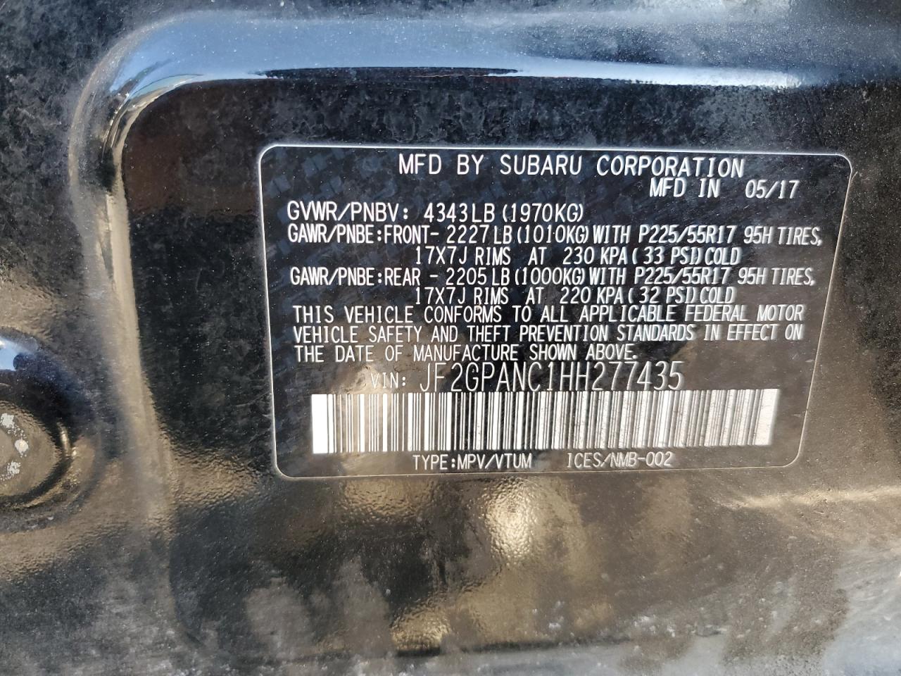 2017 Subaru XV VIN JF2GPANC1HH277435 Copart auction photo, front end damage thumbnail 13