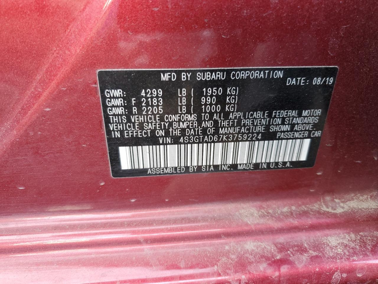 2019 Subaru Impreza VIN 4S3GTAD67K3759224 Copart auction photo, vandalism damage thumbnail 13