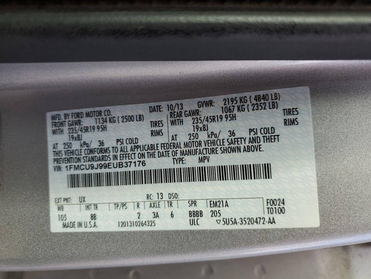 2014 Ford Escape VIN 1FMCU9J99EUB37176 Copart auction photo, front end / side damage thumbnail 14