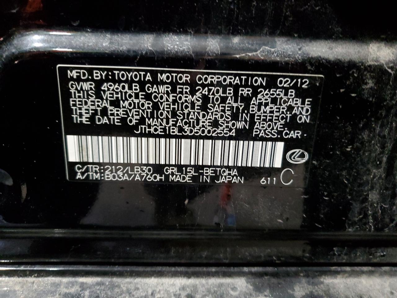 2013 Lexus GS VIN JTHCE1BL3D5002554 Copart auction photo, front end damage thumbnail 12