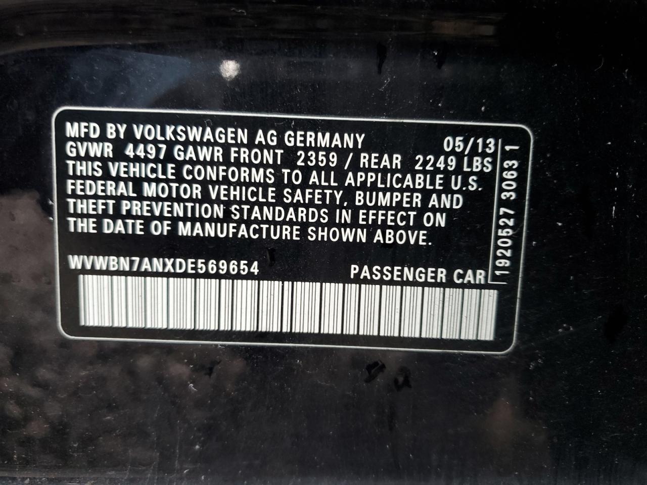 2013 Volkswagen Passat CC VIN WVWBN7ANXDE569654 Copart auction photo, front end damage thumbnail 14