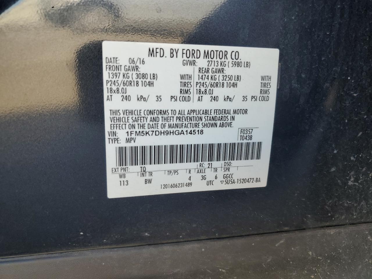 2017 Ford Explorer VIN 1FM5K7DH9HGA14518 Copart auction photo, minor dent/scratches damage thumbnail 13