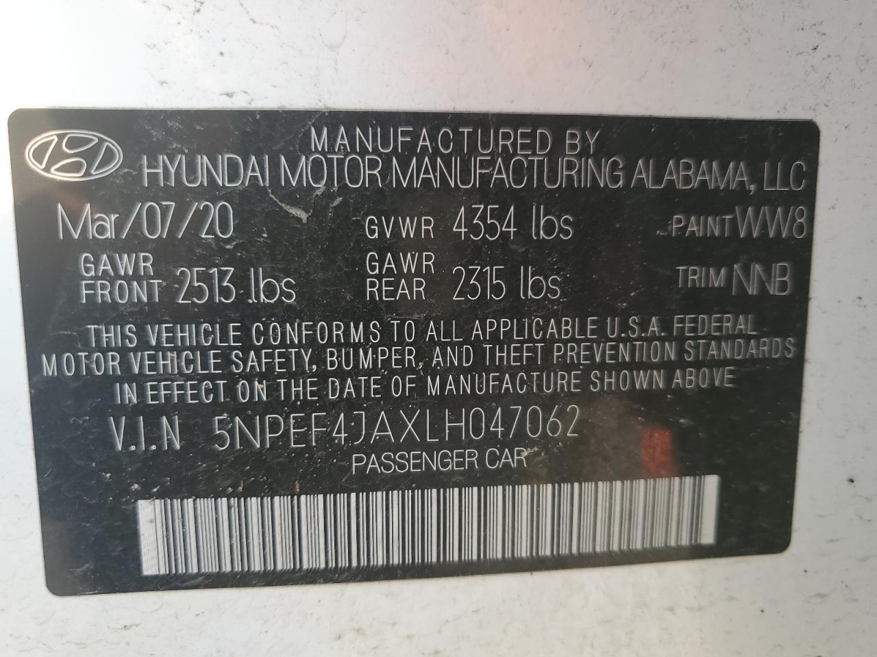 2020 Hyundai Sonata VIN 5NPEF4JAXLH047062 Copart auction photo, all over / undercarriage damage thumbnail 12