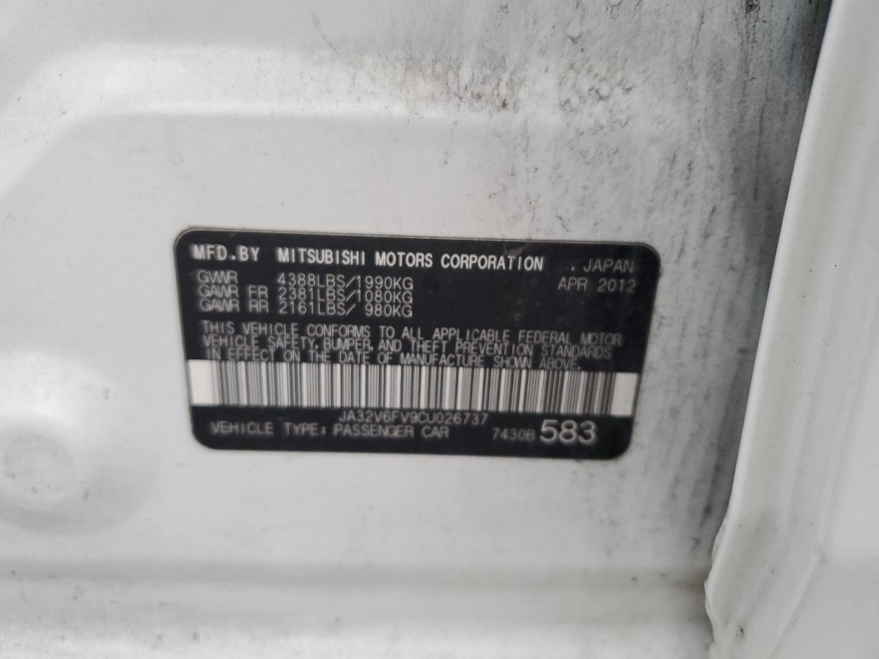 2012 Mitsubishi Lancer VIN JA32V6FV9CU026737 Copart auction photo, minor dent/scratches damage thumbnail 12