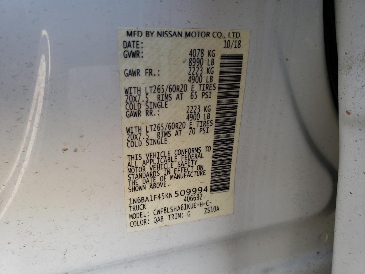 2019 Nissan Titan VIN 1N6BA1F45KN509994 Copart auction photo, mechanical damage thumbnail 12