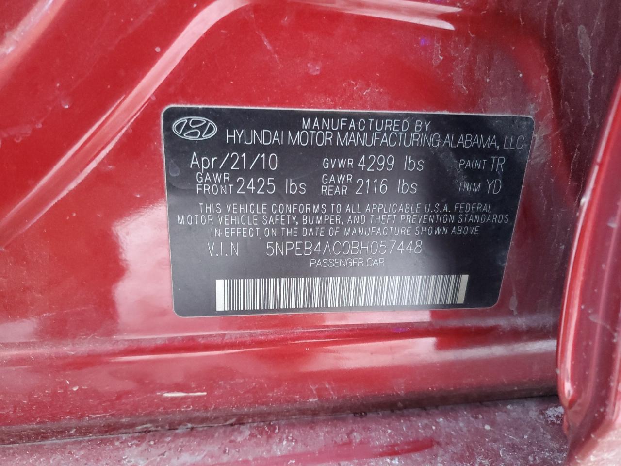 2011 Hyundai Sonata VIN 5NPEB4AC0BH057448 Copart auction photo, front end damage thumbnail 14