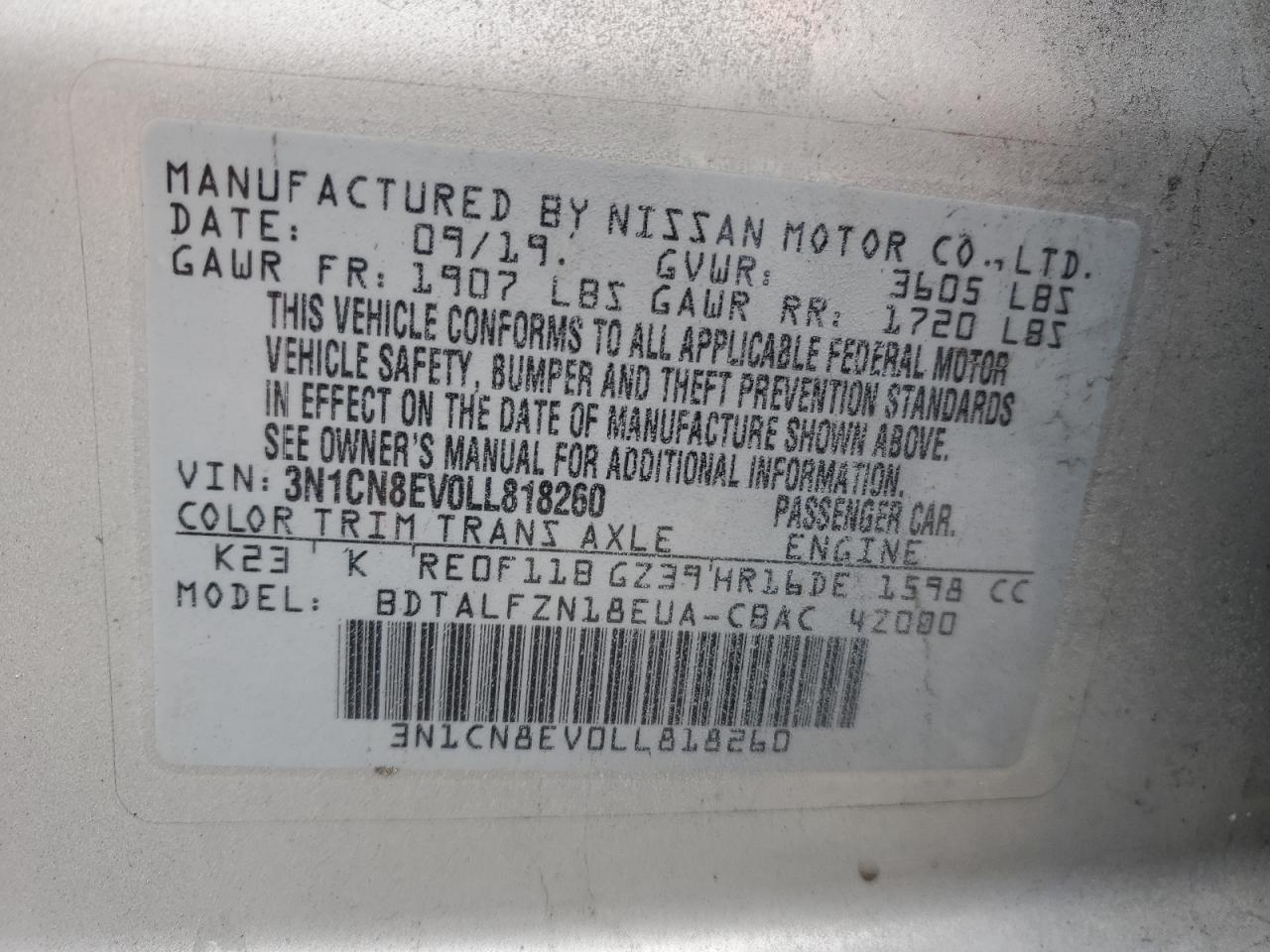 2020 Nissan Versa VIN 3N1CN8EV0LL818260 Copart auction photo, side / rear end damage thumbnail 12